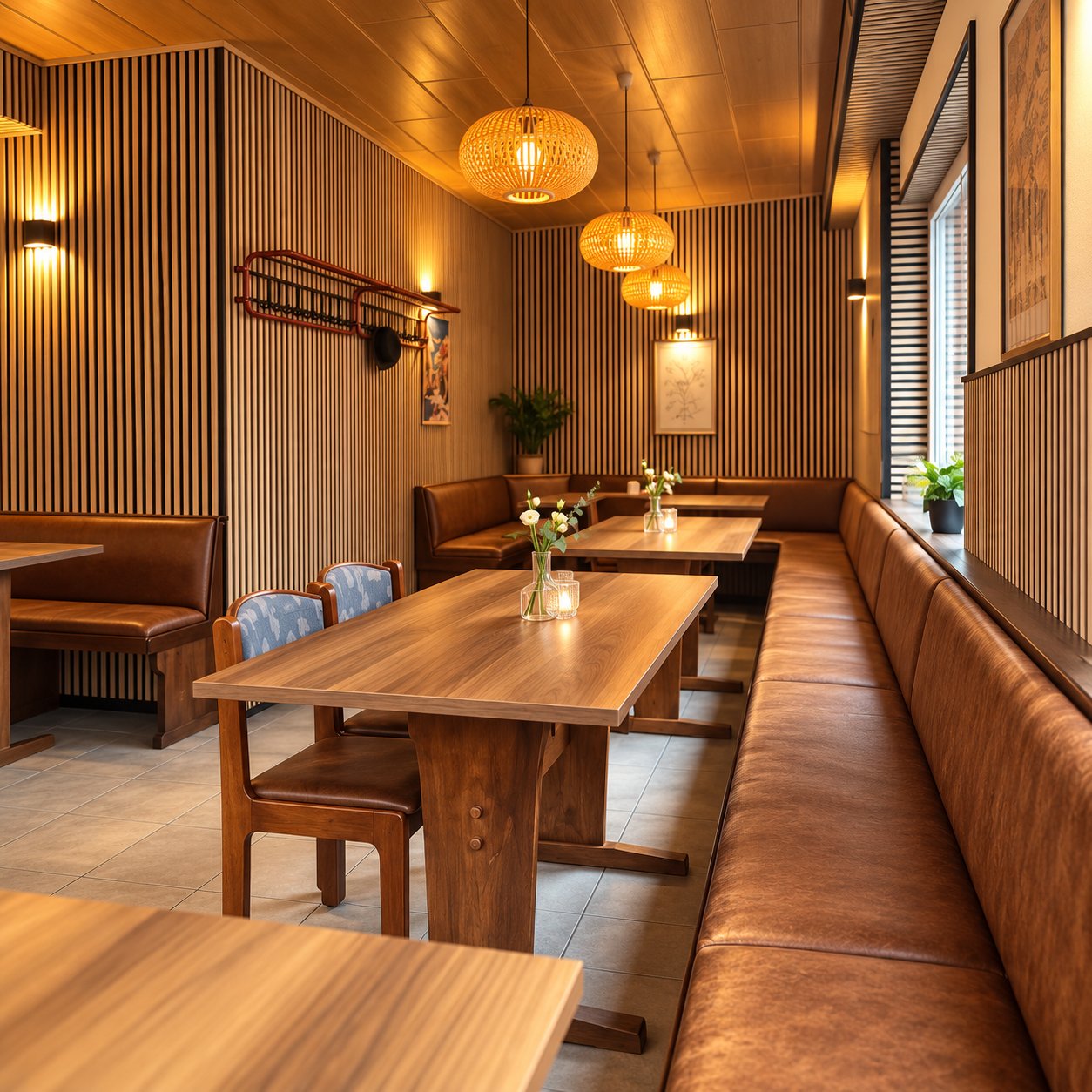 Cosy seating area with bamboo lamps